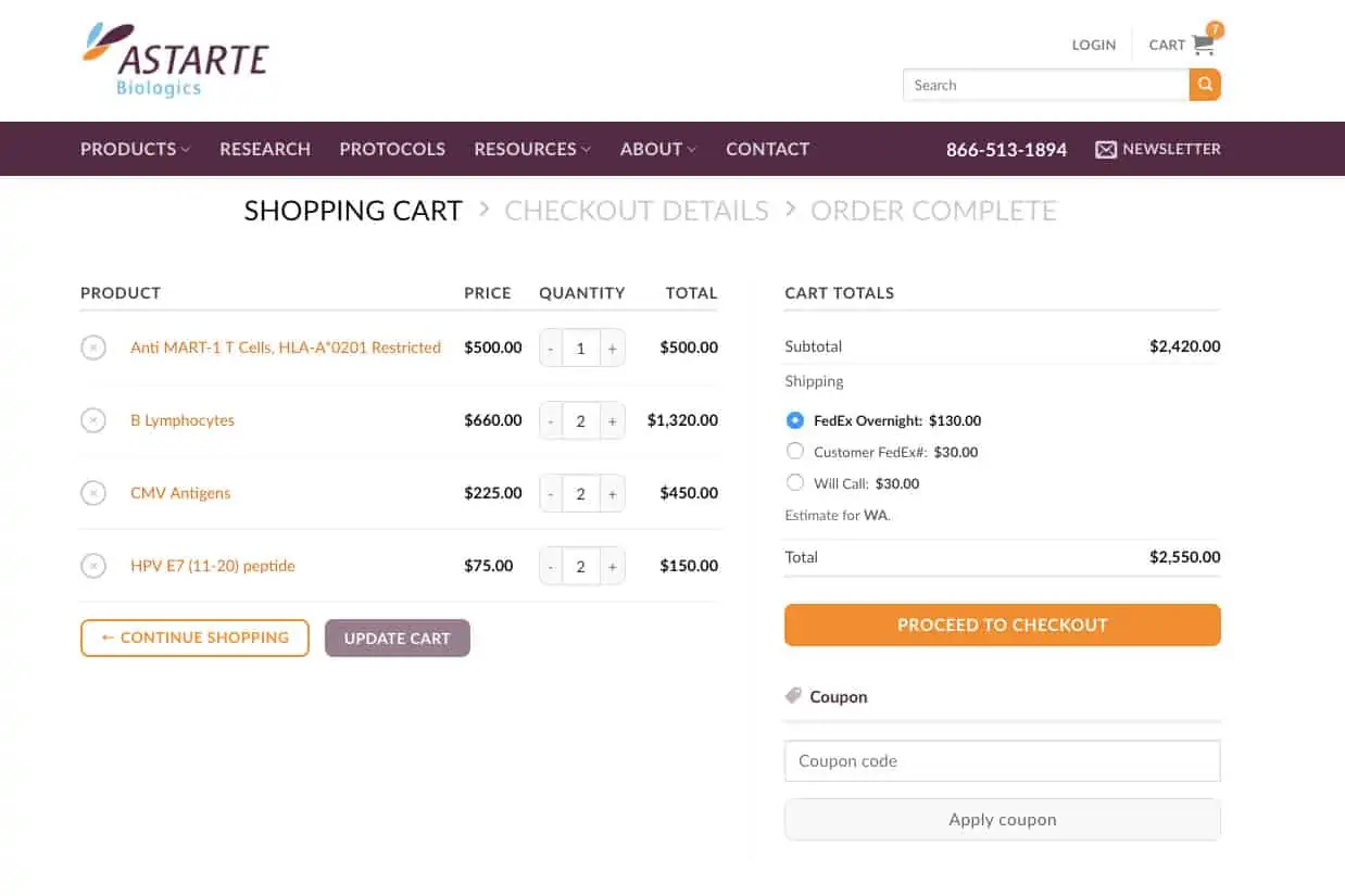 e-commerce shopping cart design for Astarte