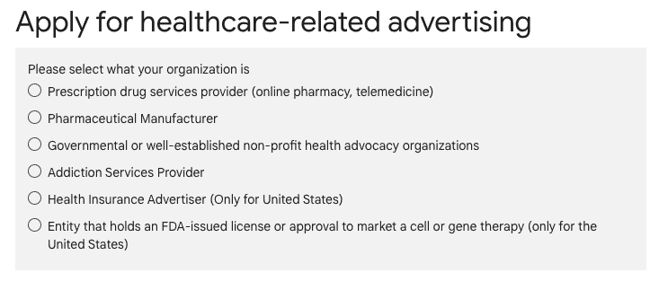 Apply for healthcare-related advertising